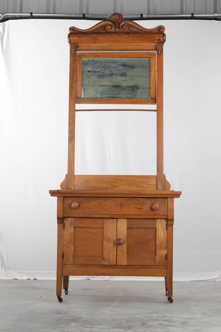 Antique Wash Cabinet with Tall Towel Rack and Mirror