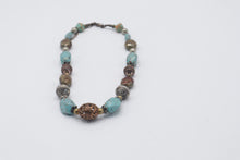 Load image into Gallery viewer, Turquoise Blue Mixed Bead Statement Necklace Copper Silver Tone Boho Jewelry

