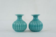 Load image into Gallery viewer, At Home Turquoise Ceramic Bud Vase Pair Ribbed Aqua 4 Inch
