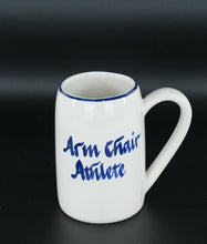 Load image into Gallery viewer, “Arm Chair Athlete” Ceramic Mug – 5.75" Tall • Blue Rim &amp; Script • Humor Coffee Cup
