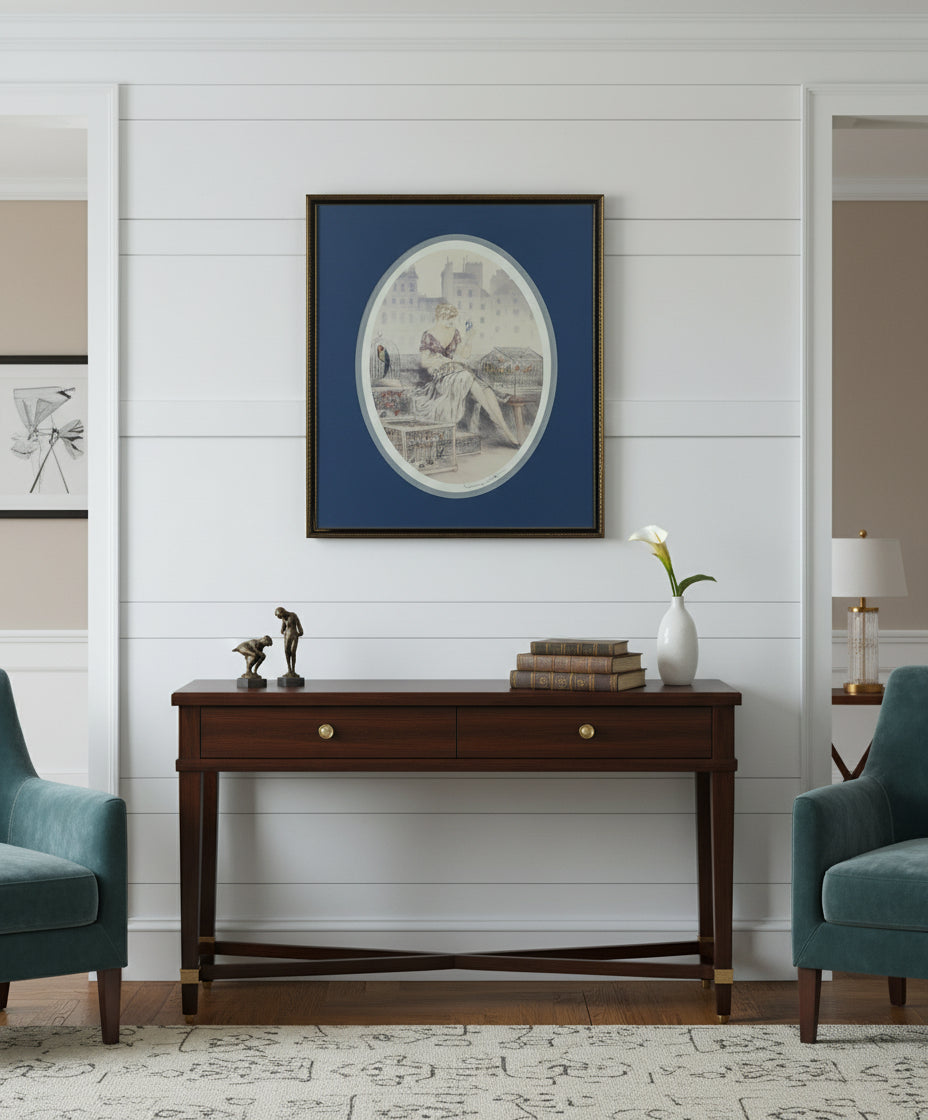 Louis Icart “The Bird Seller” Framed Art Deco Print – Romantic French Vintage