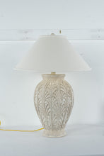 Load image into Gallery viewer, Art Deco Style Table Lamp Carved Leaf Motif Ceramic Urn Base Neutral Shade
