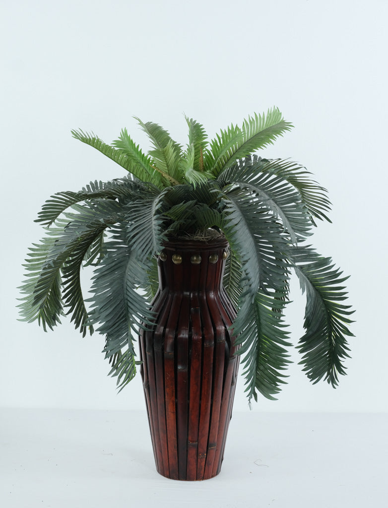 Tropical Palm in Red Bamboo Vase – 29” Faux Plant in Sculpted Wood Accent Planter