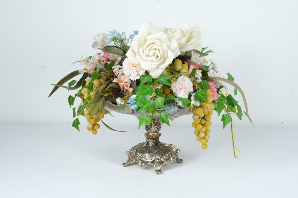 Victorian-Style Artificial Floral Arrangement with Ornate Silver Base