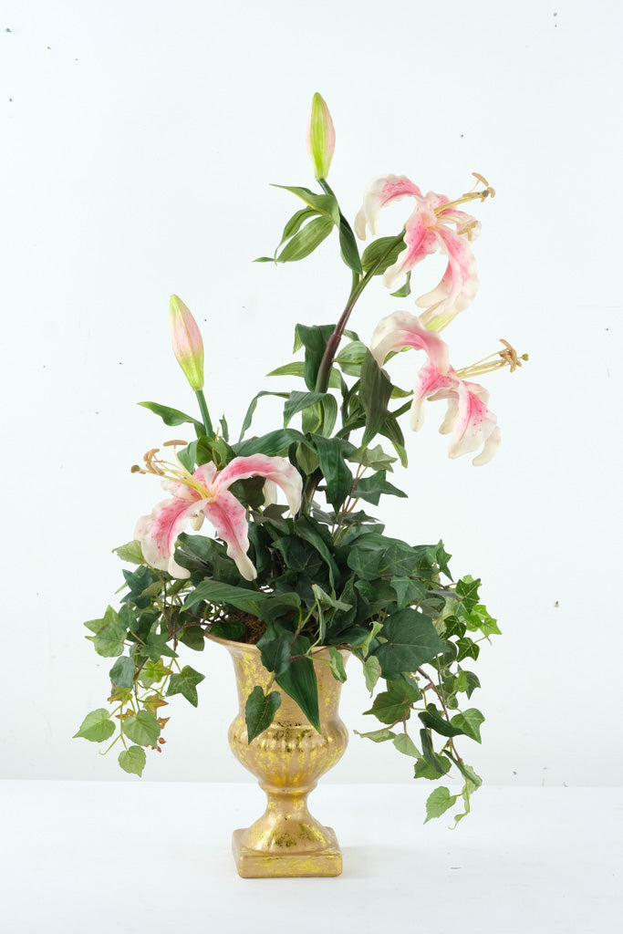 Artificial Pink Lily Floral Arrangement – 30” Tall in Gold Urn Planter