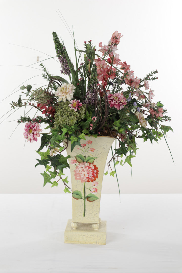 Artificial Flowers in a Painted Metal Vase