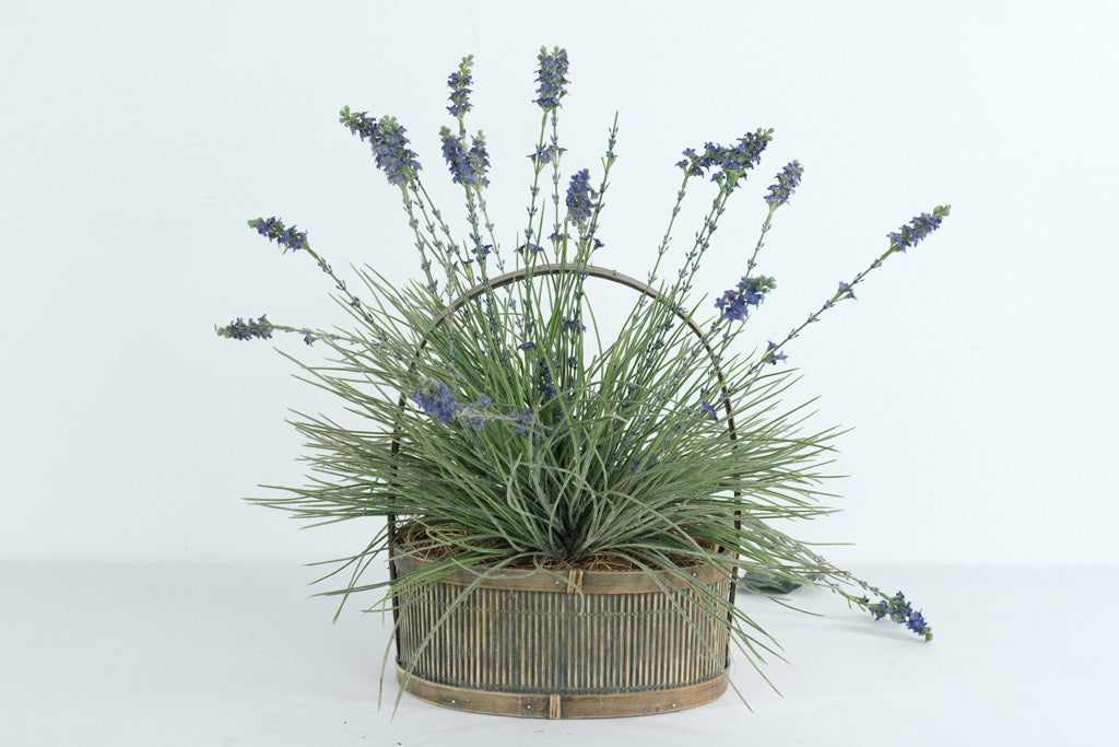 Artificial Lavender Arrangement in Rustic Wooden Basket – Farmhouse Style Floral Décor