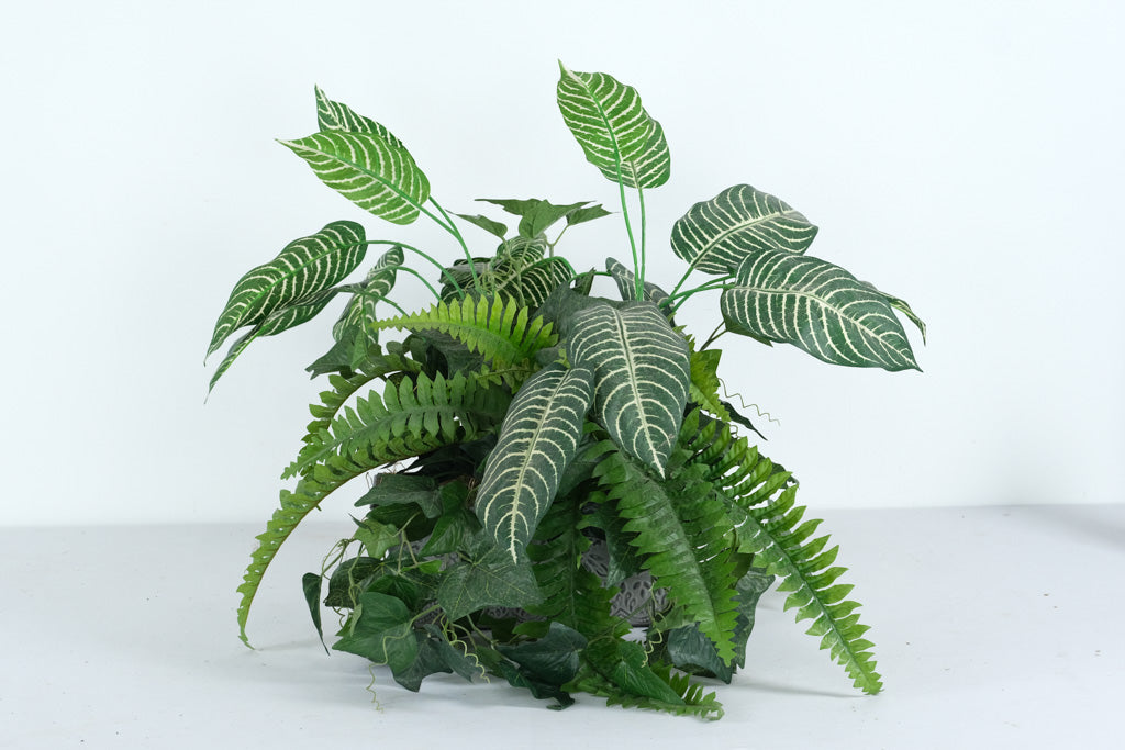 Artificial Mixed Greenery Arrangement in Embossed Metal Planter – 18” Tall Decorative Faux Plant Display