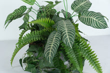 Load image into Gallery viewer, Artificial Mixed Greenery Arrangement in Embossed Metal Planter – 18” Tall Decorative Faux Plant Display
