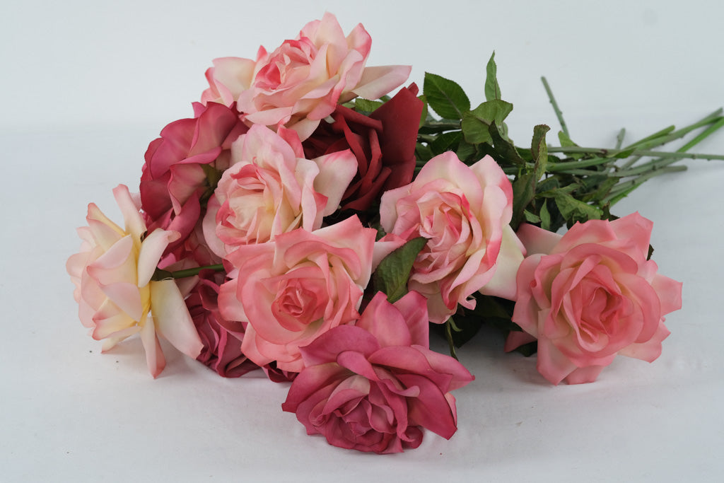 Artificial Rose Bouquet – Pink & Red Silk Roses with Green Stems – 12 Stems