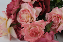 Load image into Gallery viewer, Artificial Rose Bouquet – Pink &amp; Red Silk Roses with Green Stems – 12 Stems
