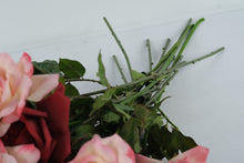 Load image into Gallery viewer, Artificial Rose Bouquet – Pink &amp; Red Silk Roses with Green Stems – 12 Stems
