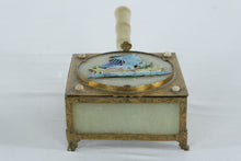 Load image into Gallery viewer, Antique Chinese Brass Jade Opium Ashtray Box With Enamel Junk Boat
