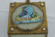 Load image into Gallery viewer, Antique Chinese Brass Jade Opium Ashtray Box With Enamel Junk Boat
