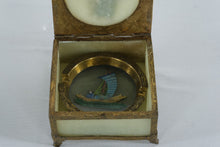 Load image into Gallery viewer, Antique Chinese Brass Jade Opium Ashtray Box With Enamel Junk Boat
