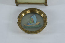 Load image into Gallery viewer, Antique Chinese Brass Jade Opium Ashtray Box With Enamel Junk Boat
