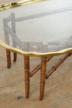 Load image into Gallery viewer, Hollywood Regency Faux Bamboo Coffee Table in Walnut and Brass Attributed to Baker Furniture

