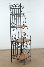 Load image into Gallery viewer, Wrought Iron Bakers Rack with Oak Shelves and Scrollwork Frame
