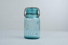Load image into Gallery viewer, Antique Ball Ideal Blue Glass Mason Jar with Glass Lid and Wire Bail
