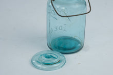 Load image into Gallery viewer, Antique Ball Ideal Blue Glass Mason Jar with Glass Lid and Wire Bail
