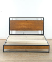 Load image into Gallery viewer, Modern Bamboo &amp; Metal Queen Platform Bed with USB Ports &amp; Headboard Shelf
