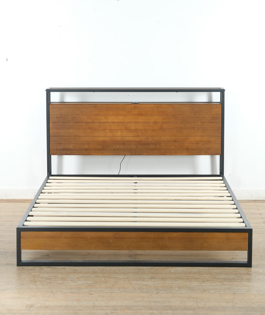 Modern Bamboo & Metal Queen Platform Bed with USB Ports & Headboard Shelf