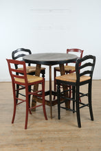 Load image into Gallery viewer, One-of-a-Kind Rustic Round Bar Table with Mixed Designer Bar Stools Set
