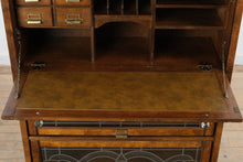 Load image into Gallery viewer, Oak Barrister Bookcase Secretary Desk with Leaded Glass Doors

