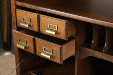 Load image into Gallery viewer, Oak Barrister Bookcase Secretary Desk with Leaded Glass Doors
