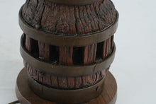 Load image into Gallery viewer, Vintage Rustic Wood Barrel Table Lamp Metal Bands 14 Inch

