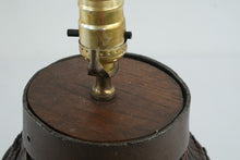 Load image into Gallery viewer, Vintage Rustic Wood Barrel Table Lamp Metal Bands 14 Inch
