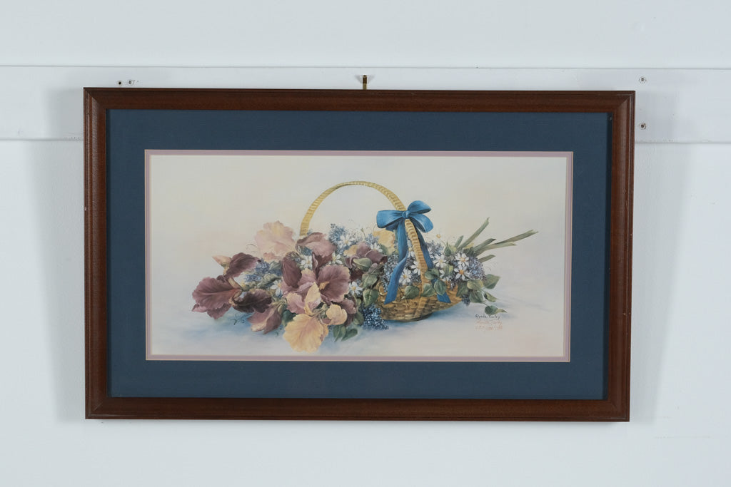 Framed Glynda Turley Limited Edition Print “Iris Basket II” – Floral Still Life with Blue Ribbon