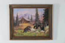 Load image into Gallery viewer, “Bears on the Log” by Marianne Caroselli – Framed Wildlife Cabin Print  (Online Exclusive)

