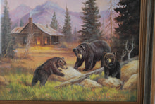 Load image into Gallery viewer, “Bears on the Log” by Marianne Caroselli – Framed Wildlife Cabin Print  (Online Exclusive)
