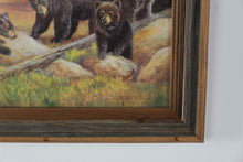 Load image into Gallery viewer, “Bears on the Log” by Marianne Caroselli – Framed Wildlife Cabin Print  (Online Exclusive)
