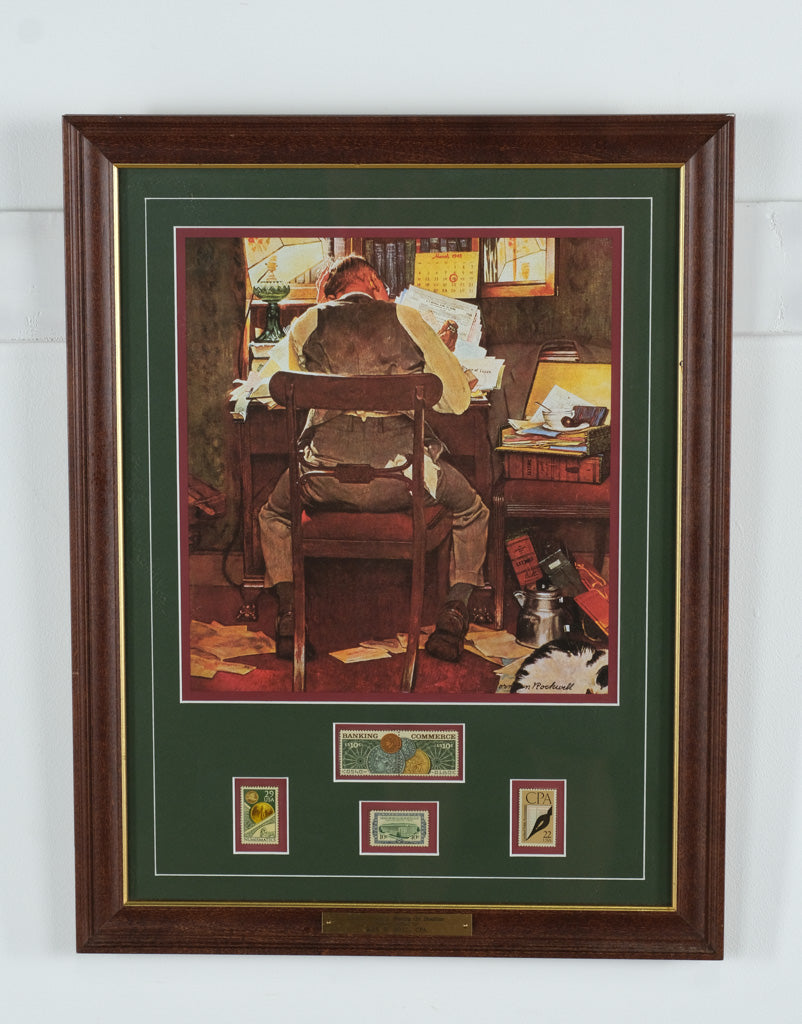 Norman Rockwell “Beating the Deadline” Framed Stamp Art – 17