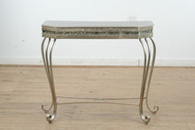 Load image into Gallery viewer, Silver Glam Scroll-Leg Console Table with Glitter Inlay &amp; Glass Accents
