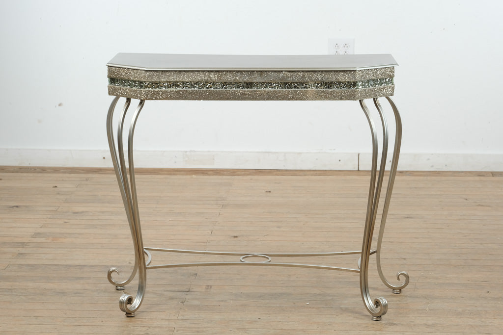 Silver Glam Scroll-Leg Console Table with Glitter Inlay & Glass Accents