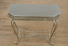 Load image into Gallery viewer, Silver Glam Scroll-Leg Console Table with Glitter Inlay &amp; Glass Accents
