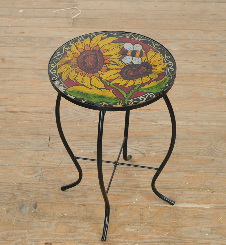 Hand-Painted Sunflower & Bee Accent Table – 14” Round x 20” Tall