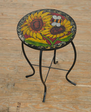 Load image into Gallery viewer, Hand-Painted Sunflower &amp; Bee Accent Table – 14” Round x 20” Tall
