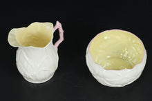 Load image into Gallery viewer, Vintage Belleek Ireland Creamer &amp; Sugar Bowl – Yellow Interior, Pink Handle
