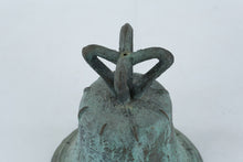 Load image into Gallery viewer, Antique Chinese Bronze Bell (Temple or Ritual Bell) with Internal Clapper – Verdigris Patina (9” Tall)
