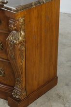 Load image into Gallery viewer, Bernhardt Empire Style Burl Wood Bachelor’s Chest with Marble Top and Lion Carvings
