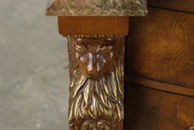 Load image into Gallery viewer, Bernhardt Empire Style Burl Wood Bachelor’s Chest with Marble Top and Lion Carvings
