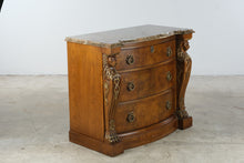 Load image into Gallery viewer, Bernhardt Empire Style Burl Wood Bachelor’s Chest with Marble Top and Lion Carvings
