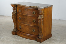 Load image into Gallery viewer, Bernhardt Empire Style Burl Wood Bachelor’s Chest with Marble Top and Lion Carvings
