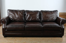 Load image into Gallery viewer, Bernhardt Brown Leather Three Cushion Sofa with Nailhead Trim
