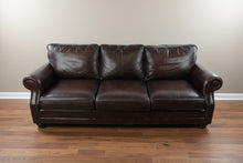 Load image into Gallery viewer, Bernhardt Brown Leather Three Cushion Sofa with Nailhead Trim
