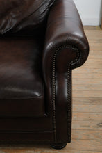 Load image into Gallery viewer, Bernhardt Brown Leather Three Cushion Sofa with Nailhead Trim
